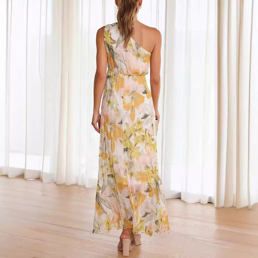 Summer Printed Oblique Shoulder Dress