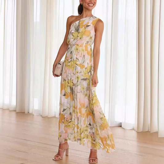 Summer Printed Oblique Shoulder Dress